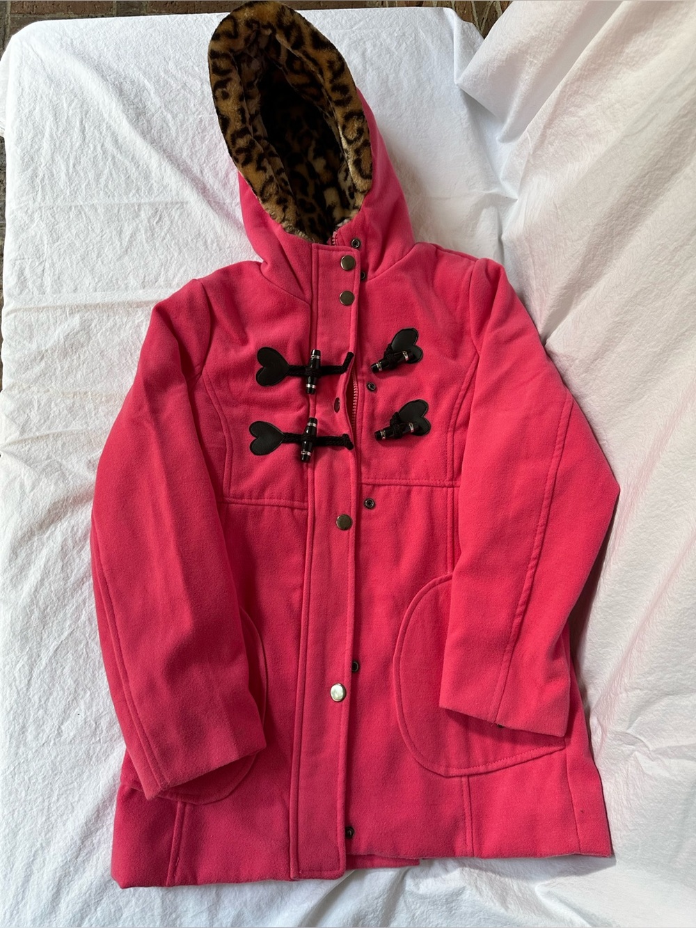 Urban Republic Girls' Hot Pink Hooded Pea Coat with Leopard Lining